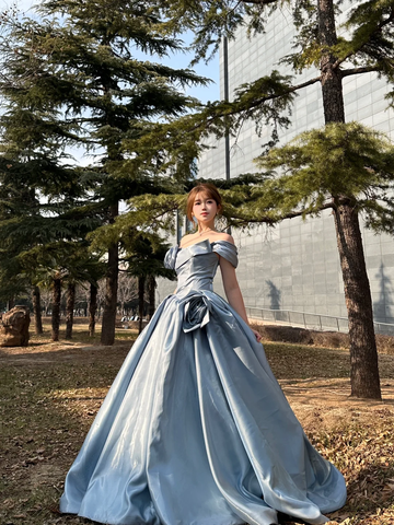 Blue A Line Off the Shoulder Flower Satin Long Party Dress Birthday Dress HZ1023